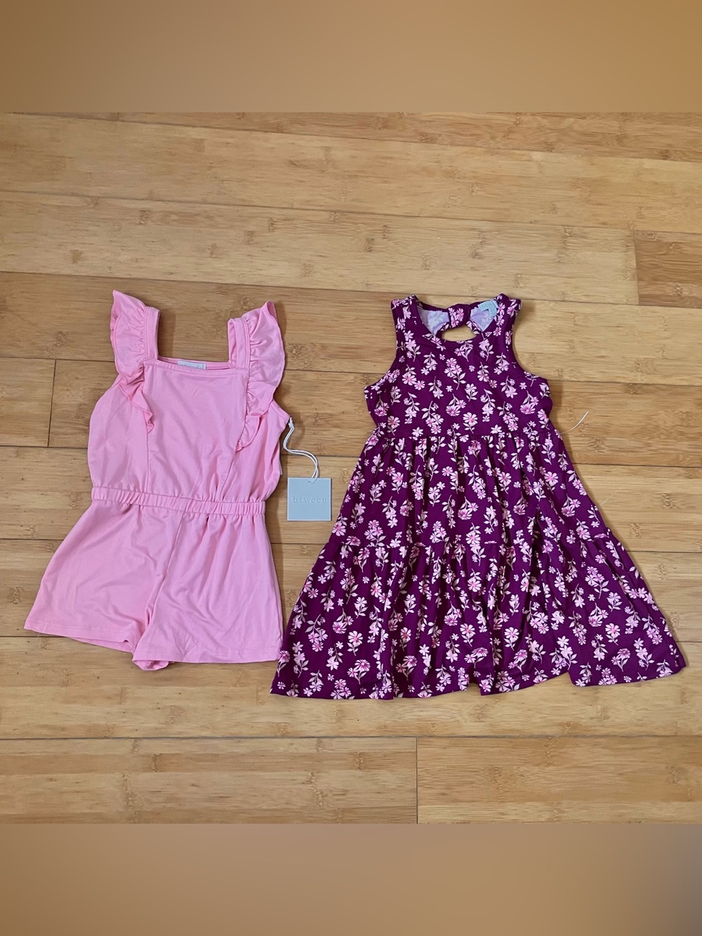 NWT Girls Size 4T Pink Ruffle Romper & Purple Floral Dress Kids Matching Set